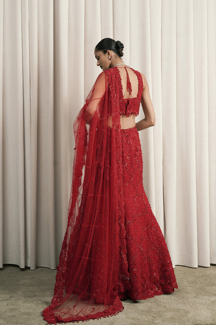 Red Fish-Cut Embroidered Lehenga With Dupatta