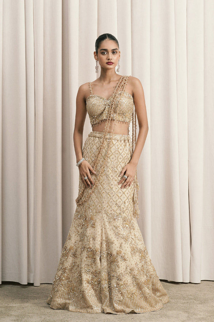 Beige Fish-Cut Embroidered Lehenga With Blouse