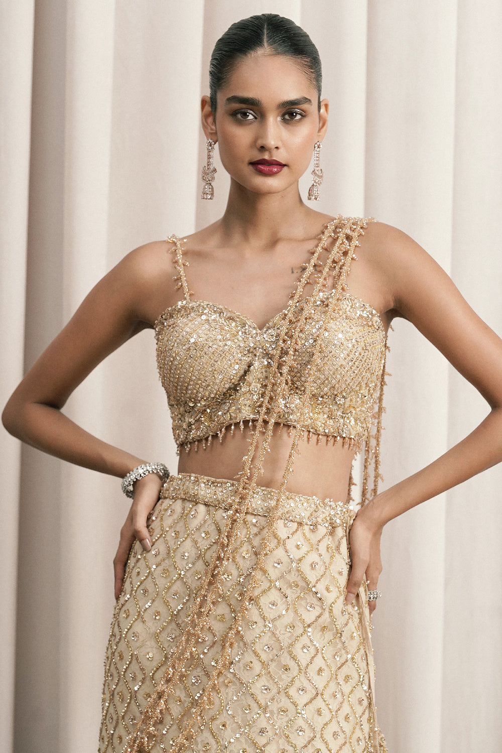 Beige Fish-Cut Embroidered Lehenga With Blouse