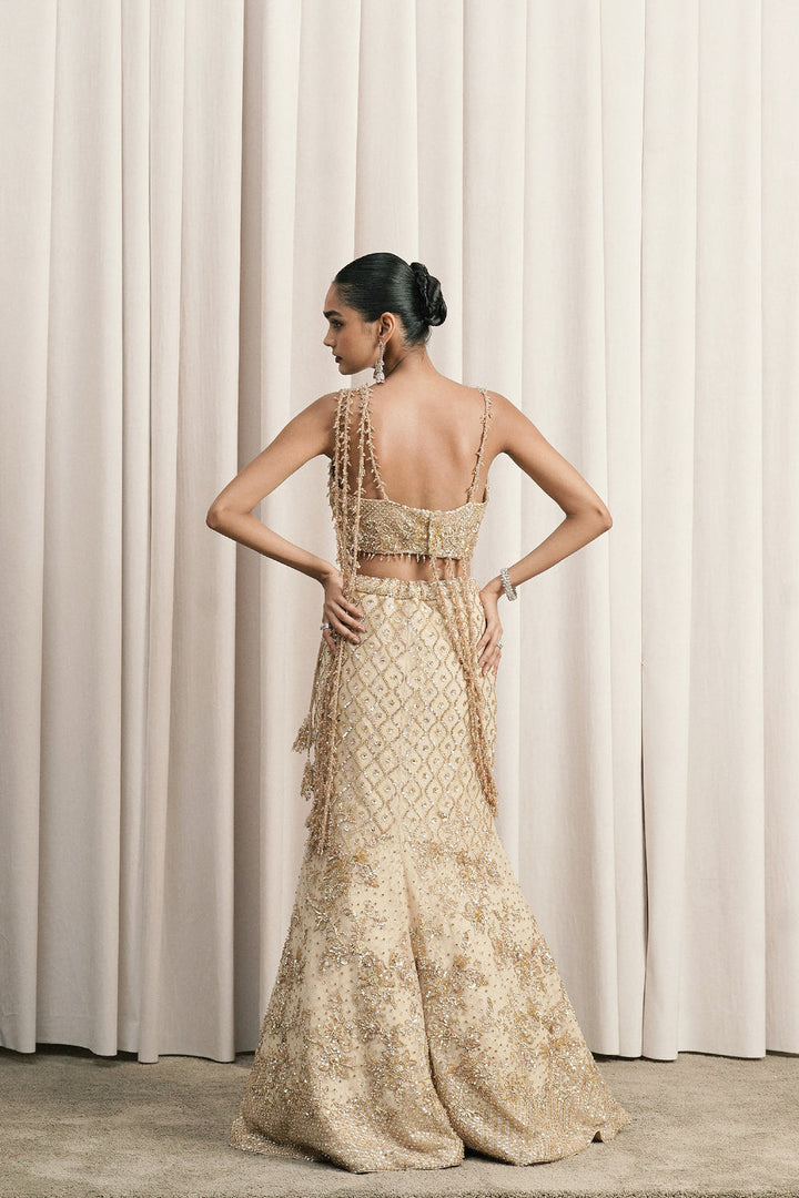 Beige Fish-Cut Embroidered Lehenga With Blouse