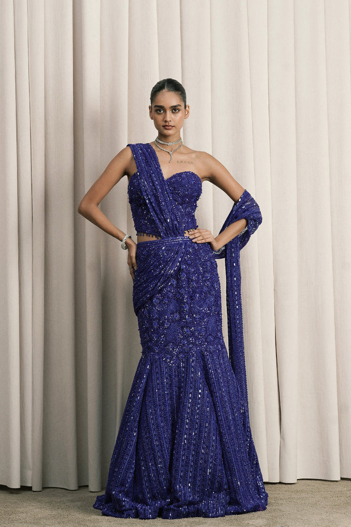 Royal Blue Fish-Cut Embroidered Lehenga With Corset Blouse