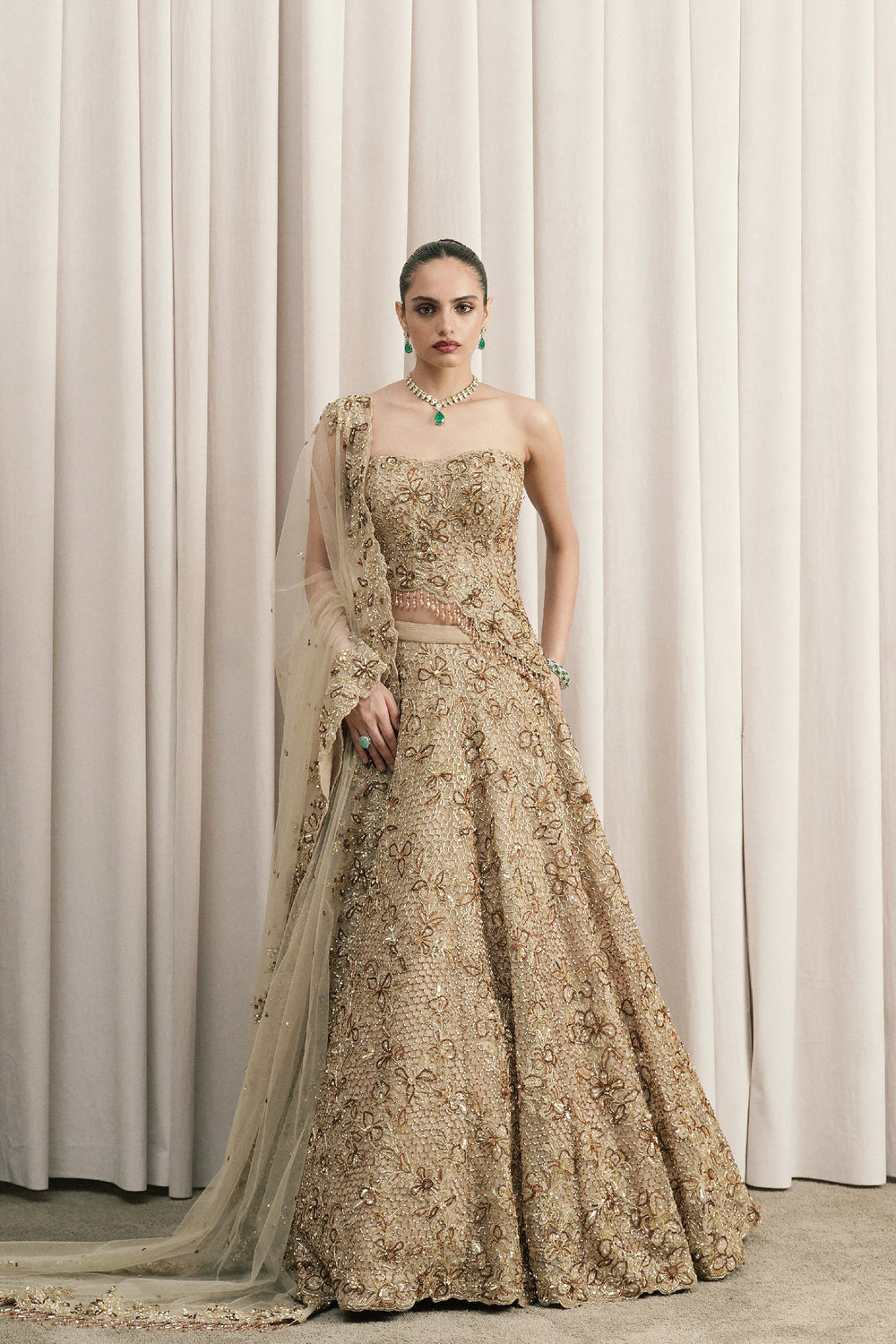 Beige Embroidered Lehenga With Corset Blouse And Dupatta