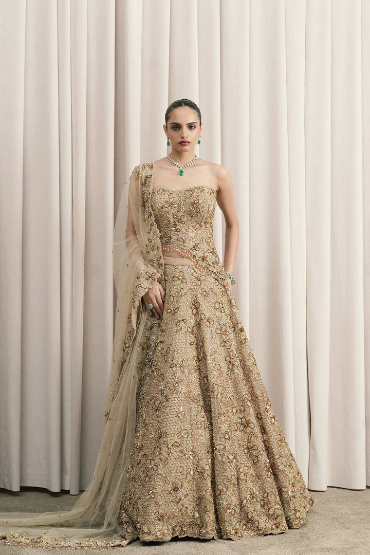 Beige Embroidered Lehenga With Corset Blouse And Dupatta