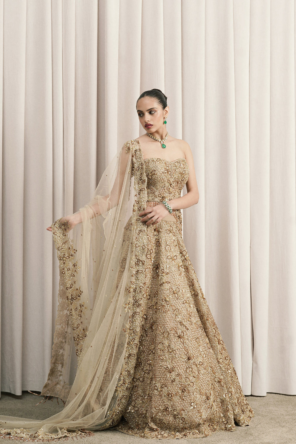 Beige Embroidered Lehenga With Corset Blouse And Dupatta