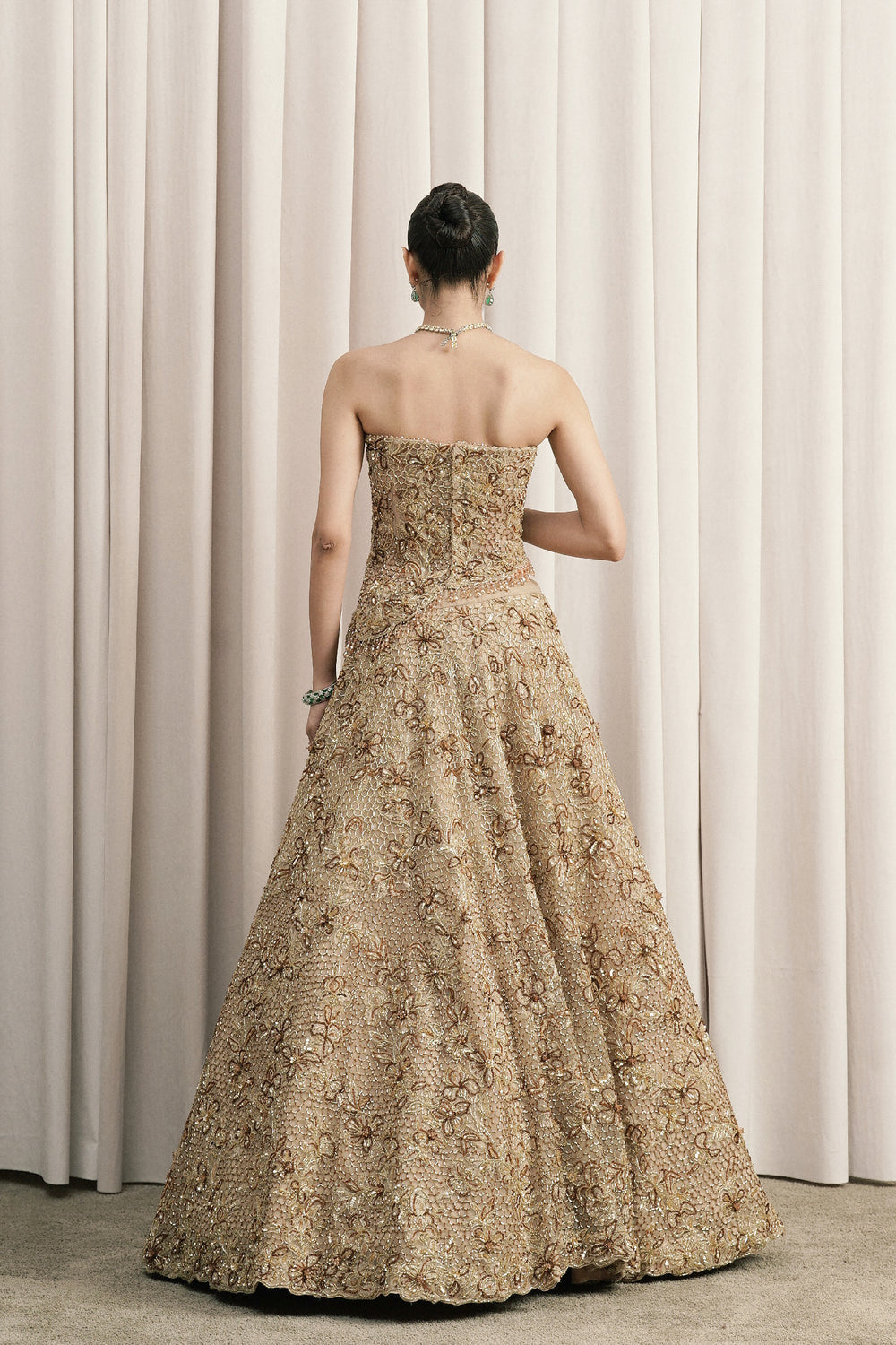 Beige Embroidered Lehenga With Corset Blouse And Dupatta