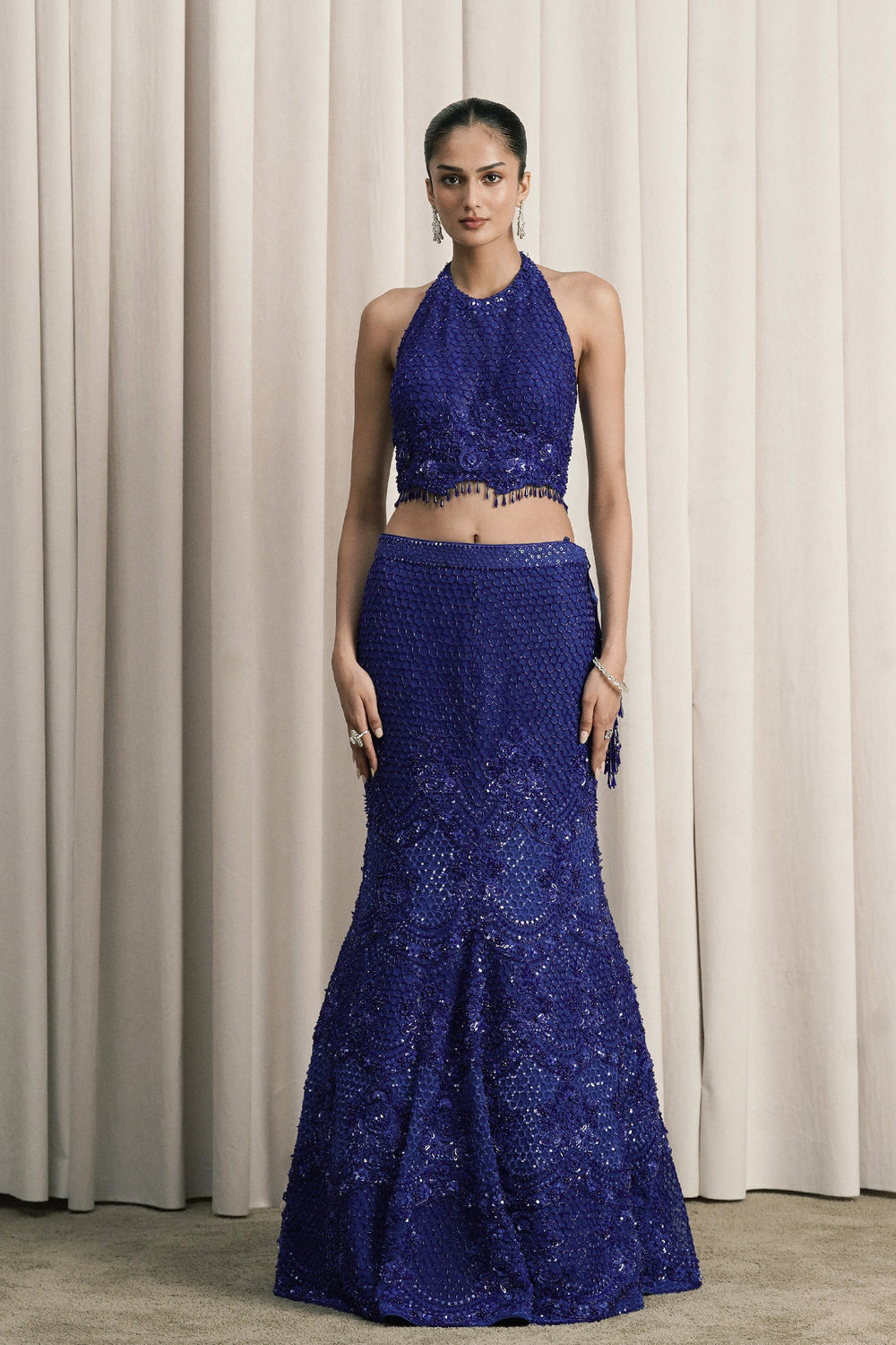 Royal Blue Fish-Cut Embroidered Lehenga With Dupatta
