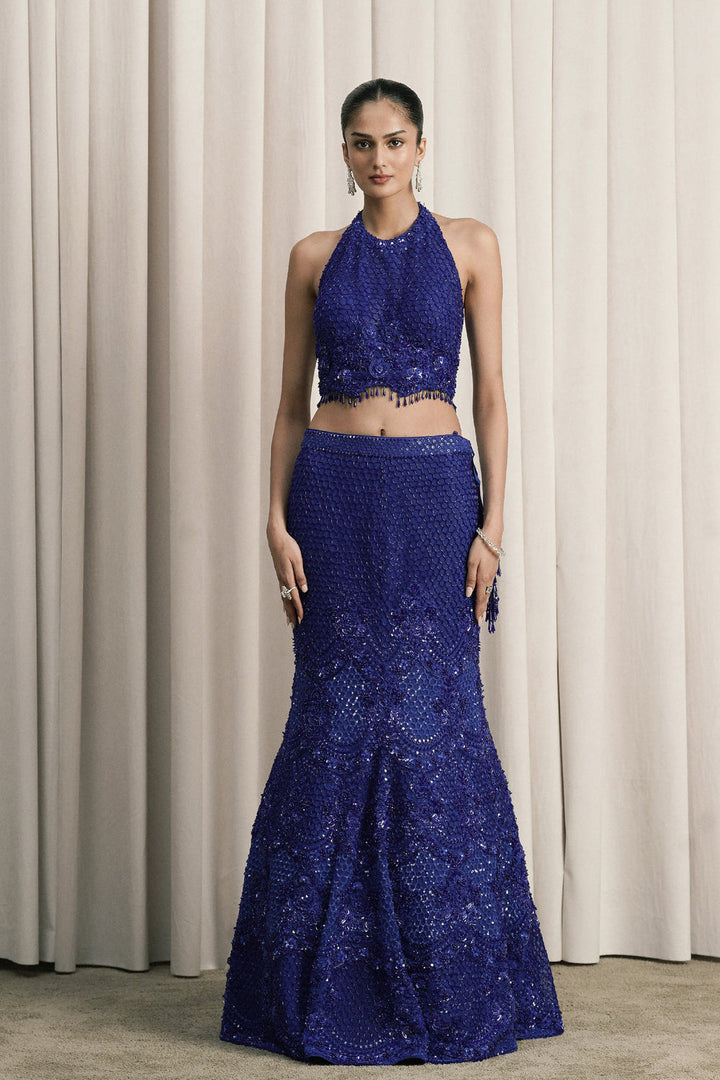 Royal Blue Fish-Cut Embroidered Lehenga With Dupatta