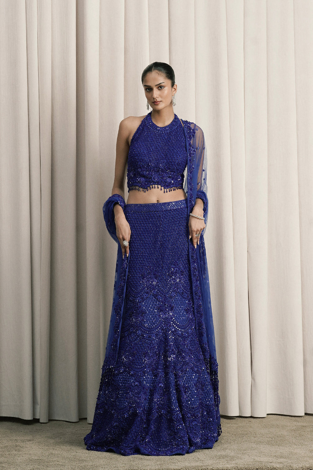 Royal Blue Fish-Cut Embroidered Lehenga With Dupatta