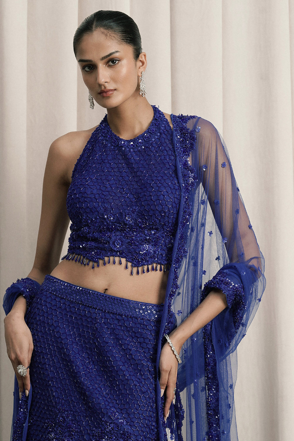 Royal Blue Fish-Cut Embroidered Lehenga With Dupatta