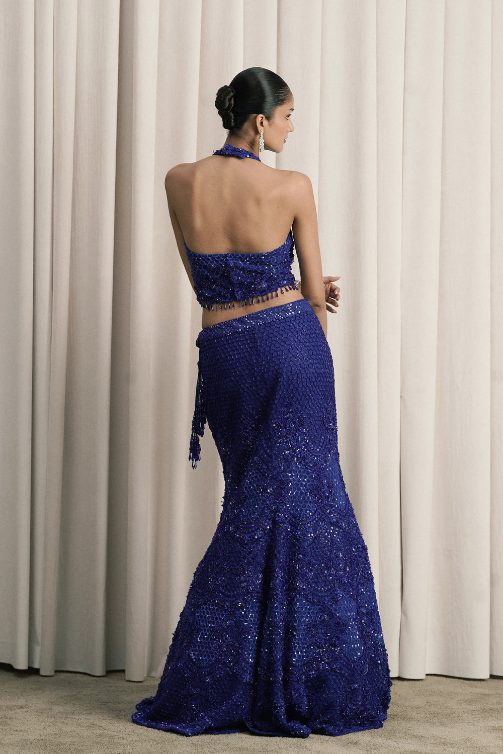 Royal Blue Fish-Cut Embroidered Lehenga With Dupatta