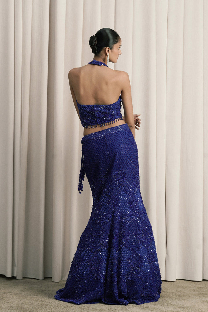 Royal Blue Fish-Cut Embroidered Lehenga With Dupatta