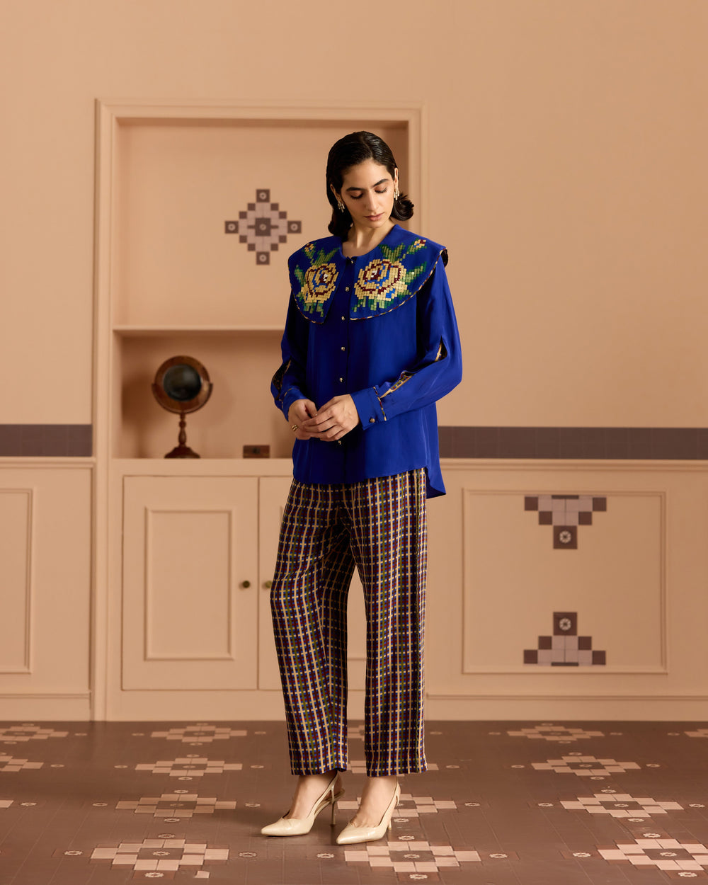Blue Check Tapered Pants