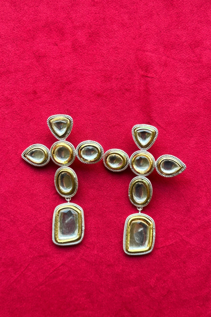 Gold & Silver Polki Cross Earrings