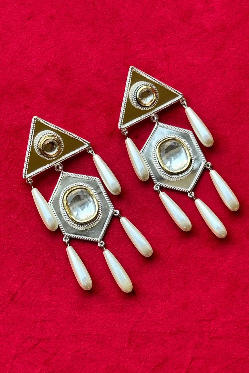 Polki Hexagon Drop Earrings Silver