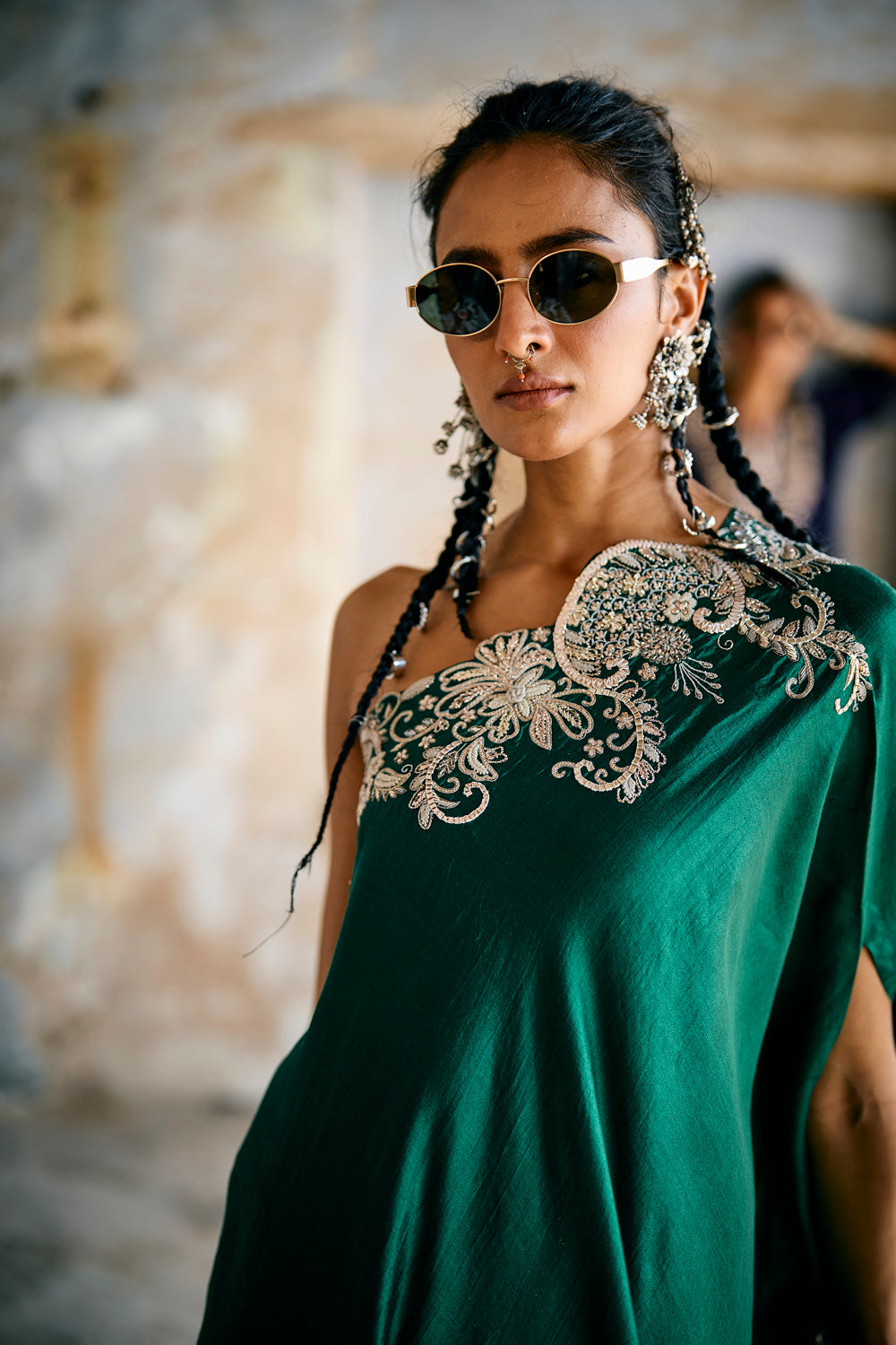 Emerald Green Off Shoulder Cape Set