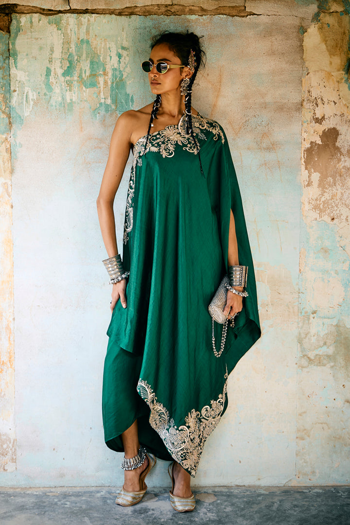 Emerald Green Off Shoulder Cape Set