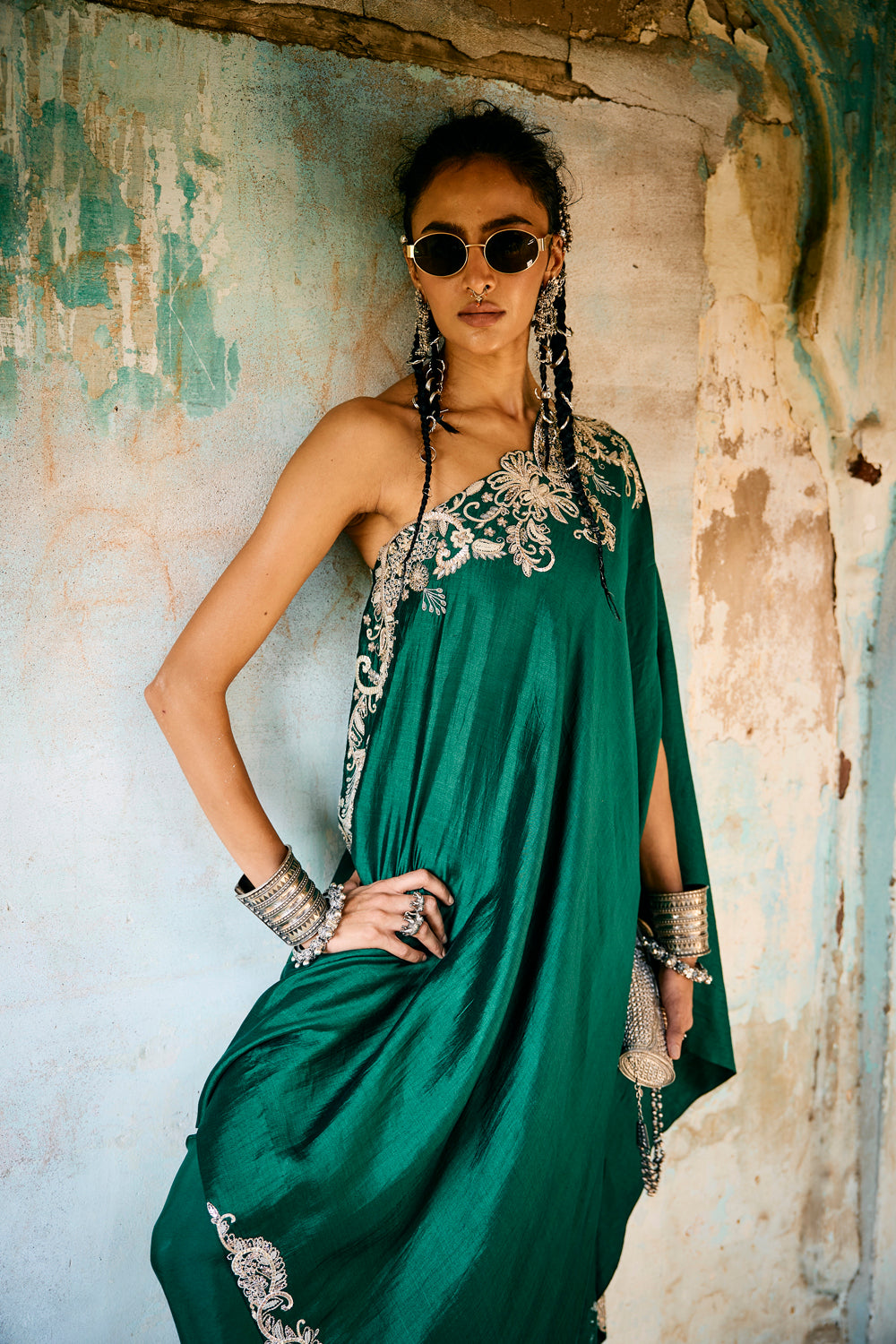 Emerald Green Off Shoulder Cape Set