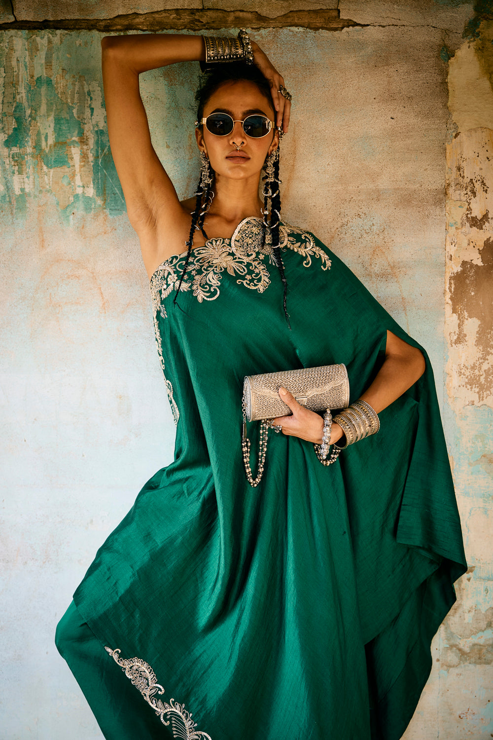 Emerald Green Off Shoulder Cape Set