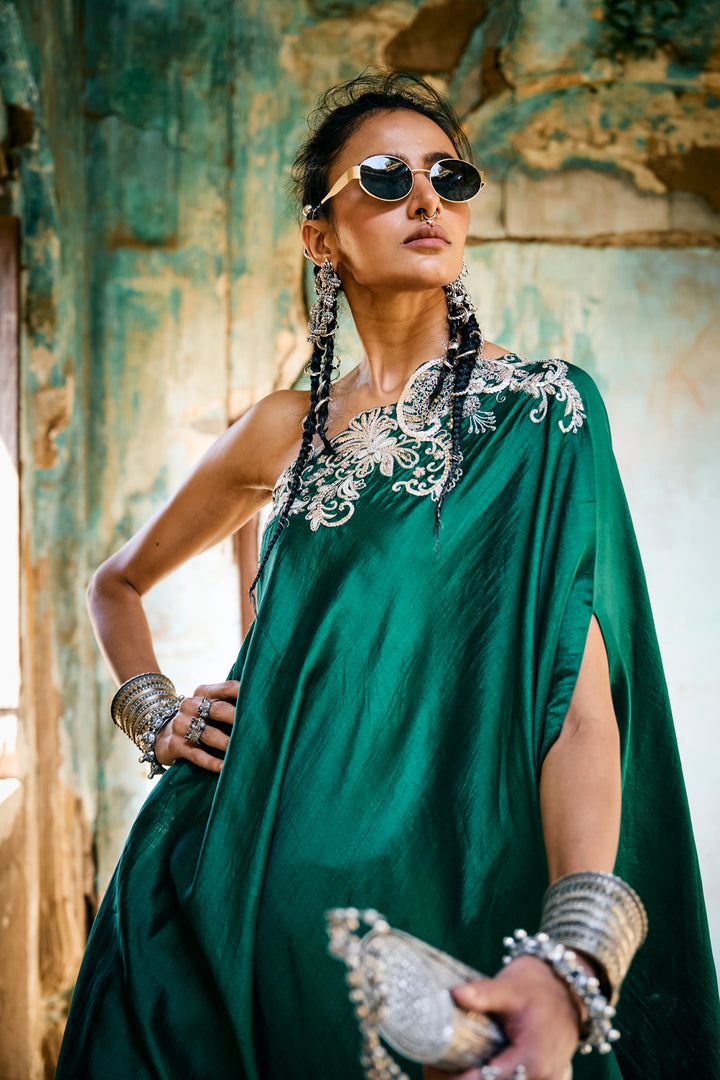 Emerald Green Off Shoulder Cape Set