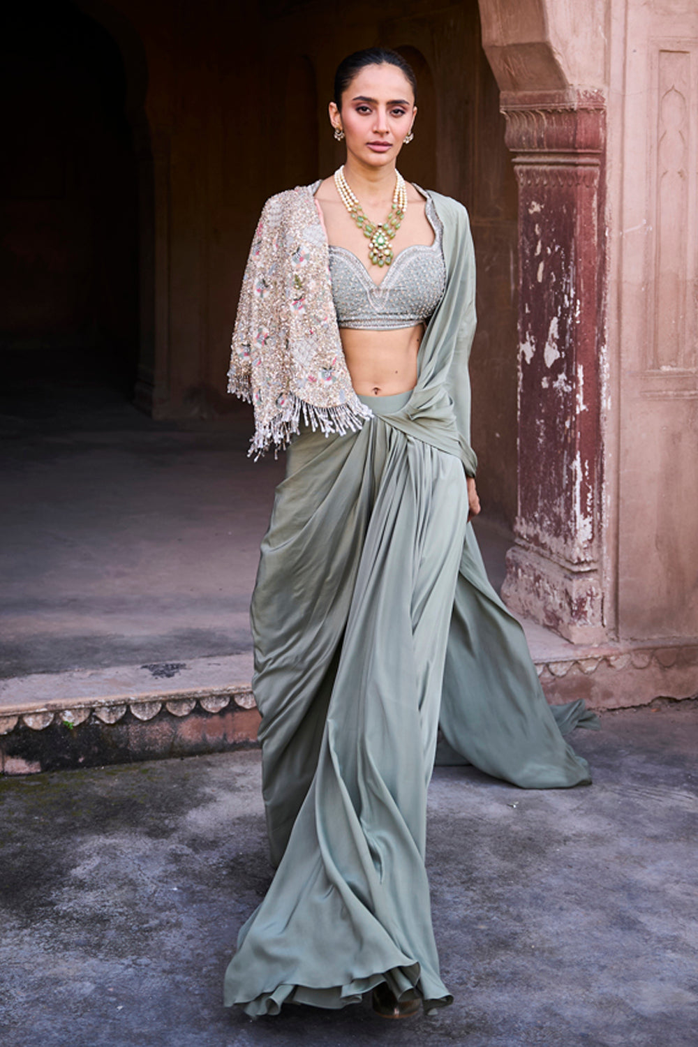 Mint Green Pre Drape Saree Set