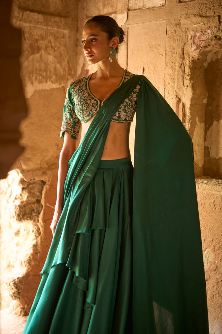 Emerald Green Pre Drape Saree Set