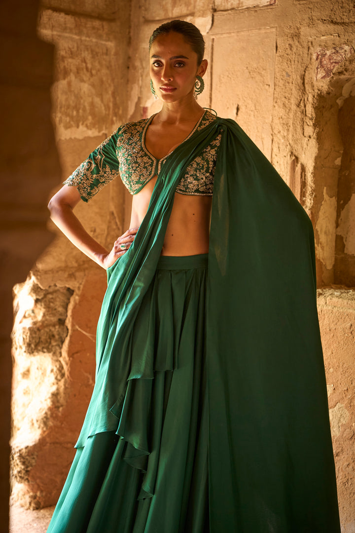 Emerald Green Pre Drape Saree Set