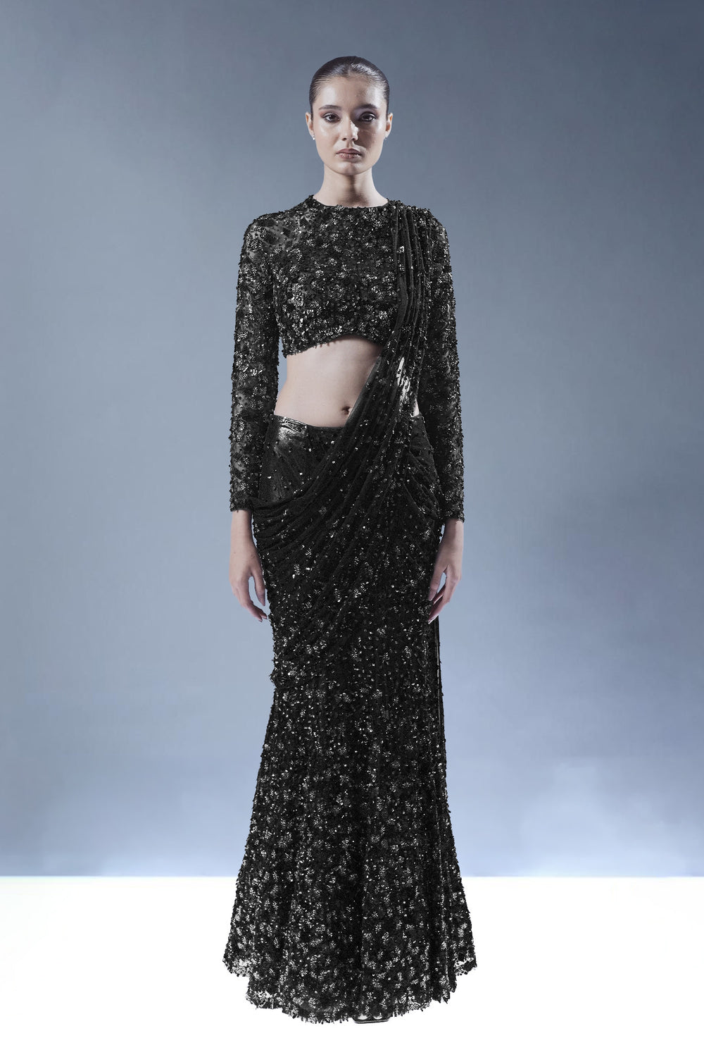 Midnight Ember Drape Saree - Black