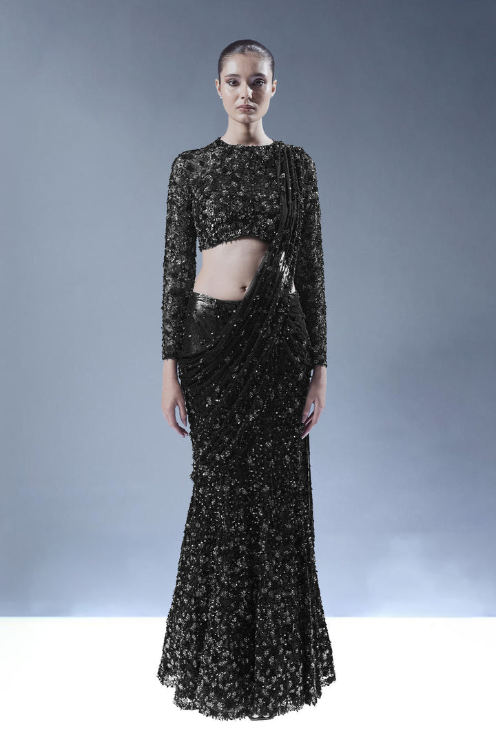Midnight Ember Drape Saree - Black