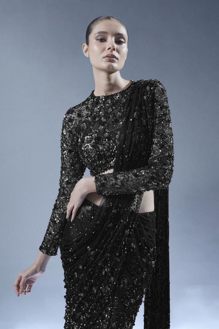 Midnight Ember Drape Saree - Black