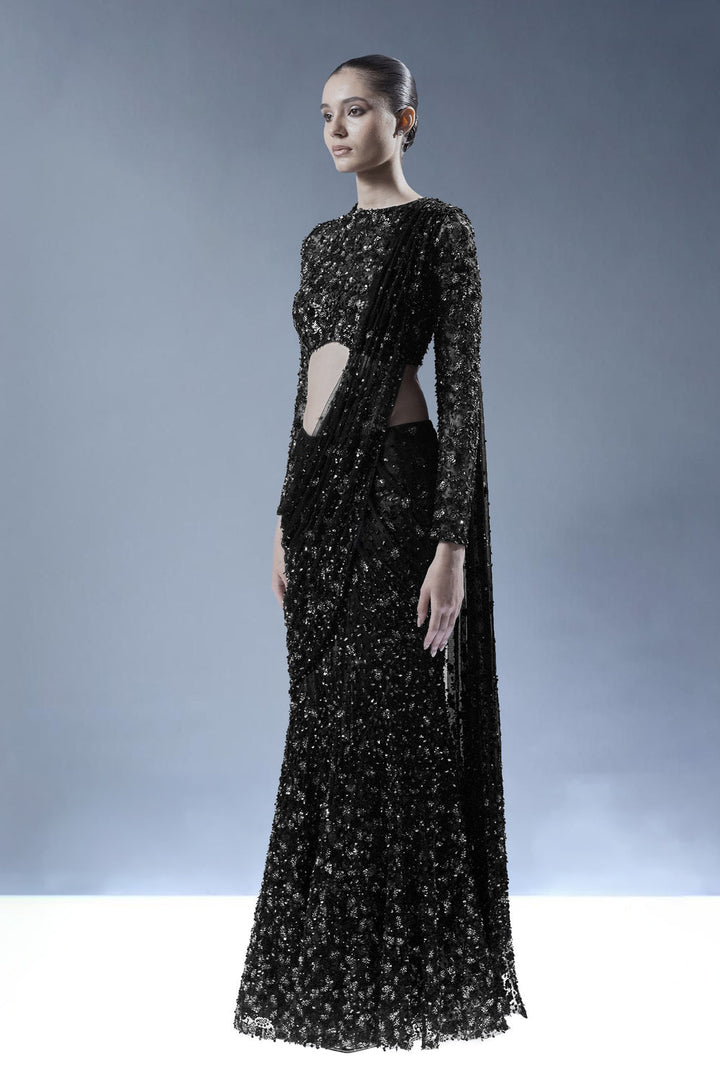 Midnight Ember Drape Saree - Black