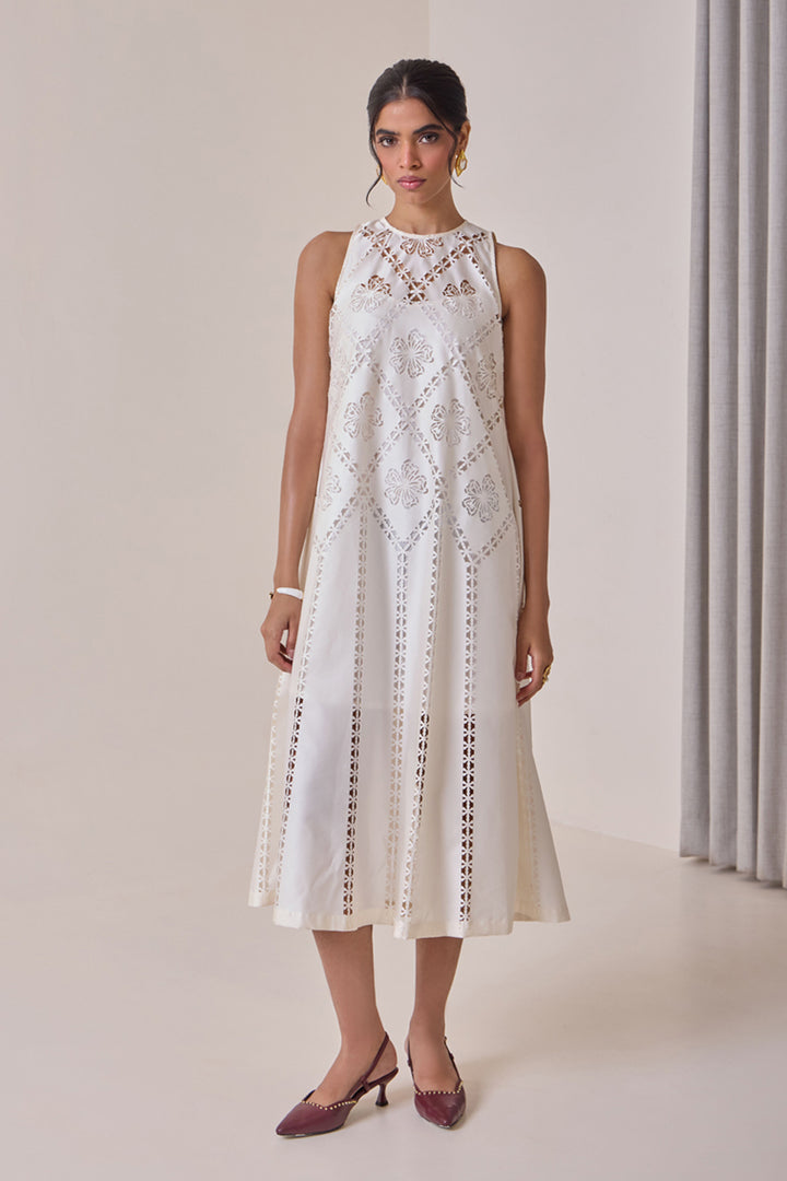Pearl Cut-Work Midi Dress