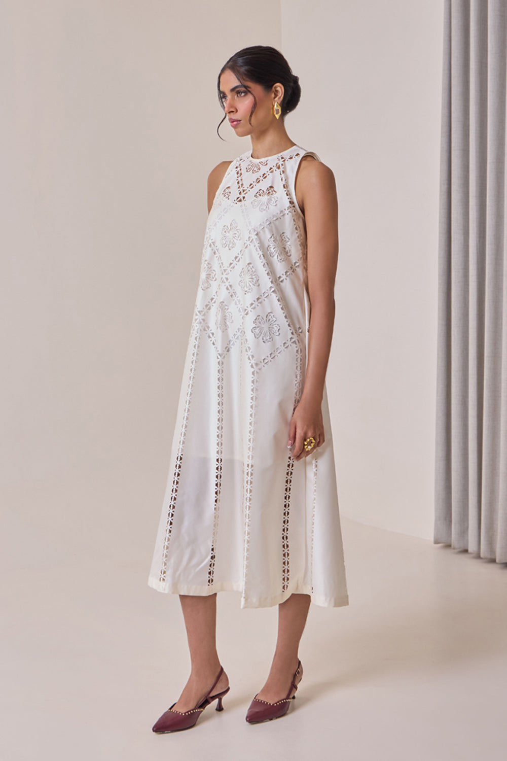 Pearl Cut-Work Midi Dress