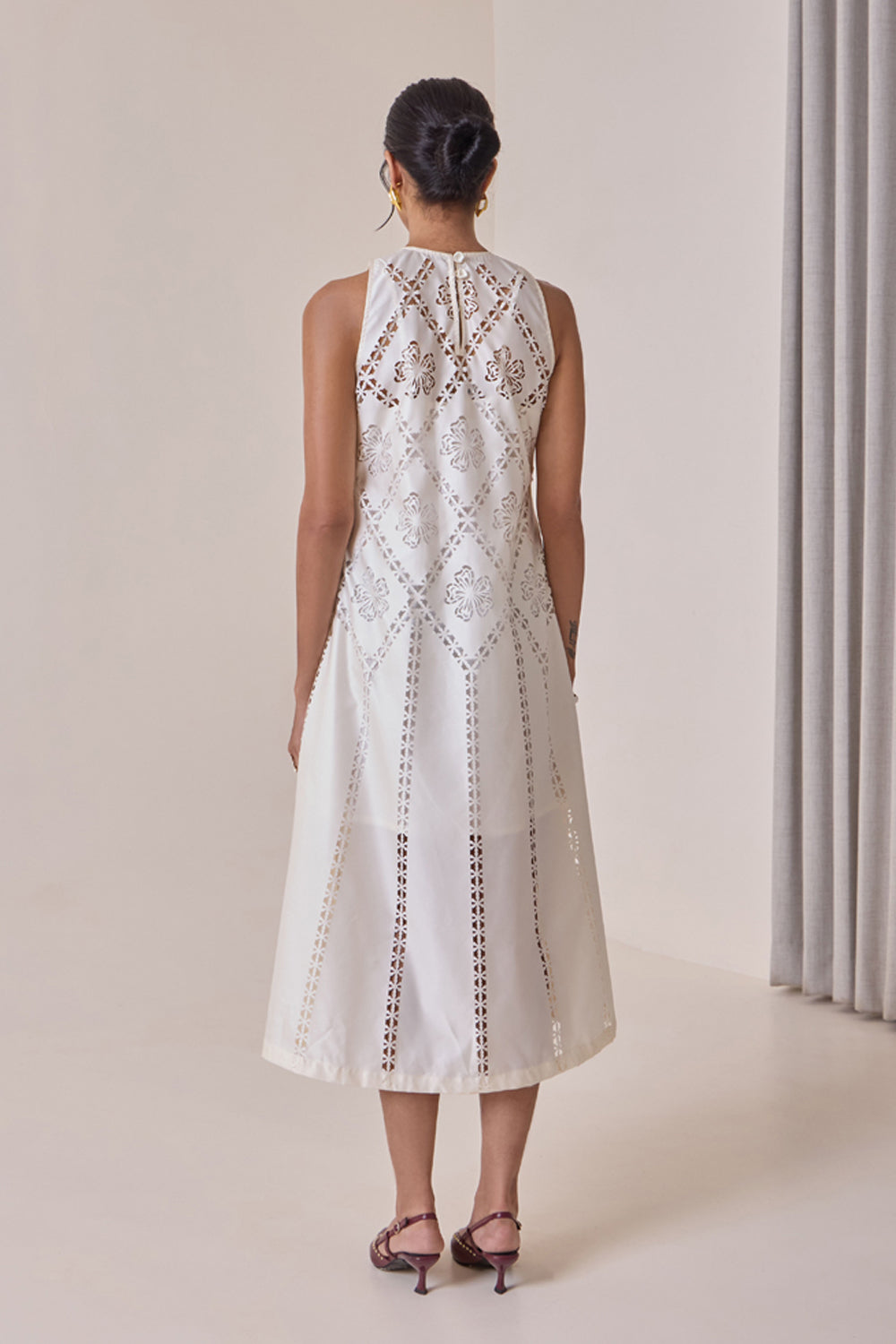Pearl Cut-Work Midi Dress