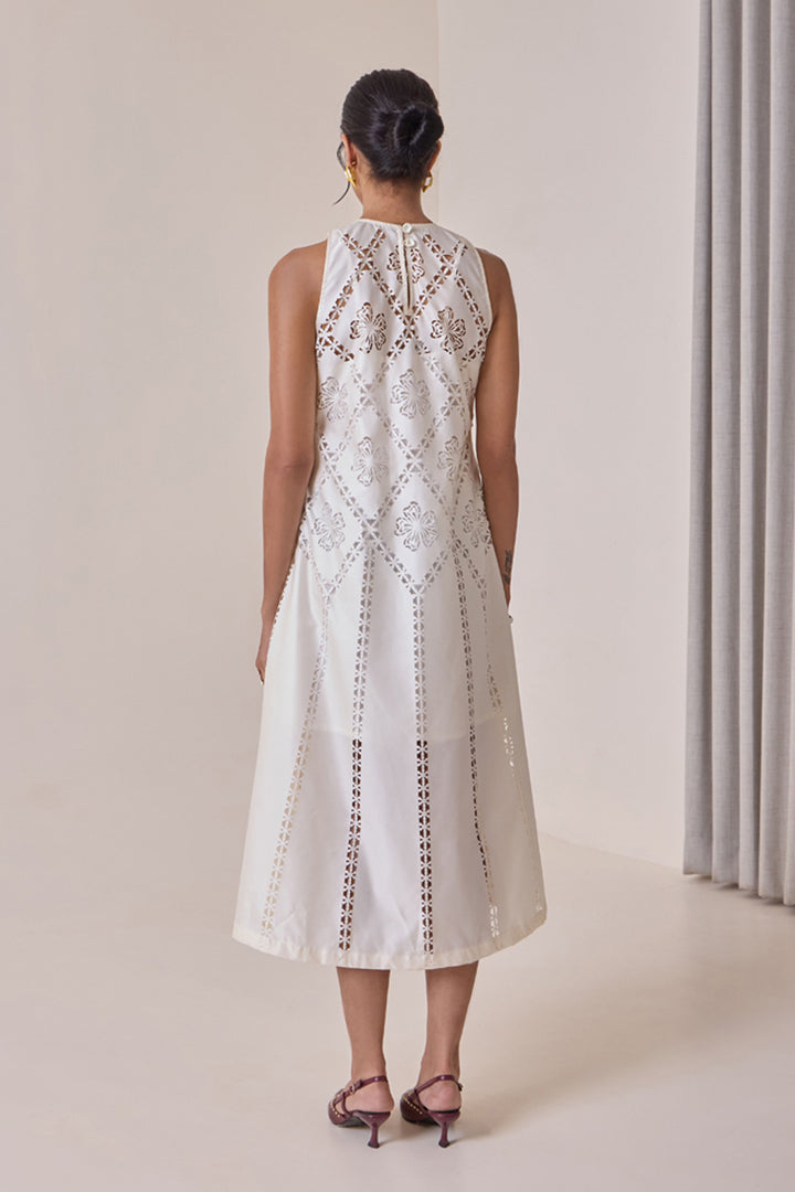 Pearl Cut-Work Midi Dress