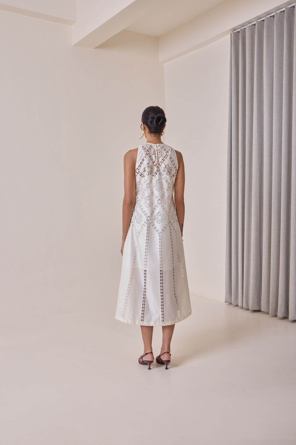 Pearl Cut-Work Midi Dress