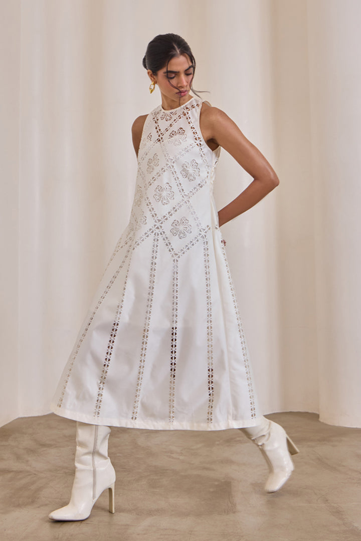 Pearl Cut-Work Midi Dress