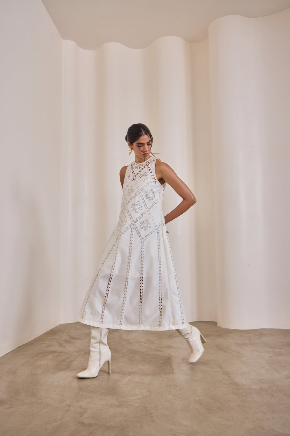 Pearl Cut-Work Midi Dress