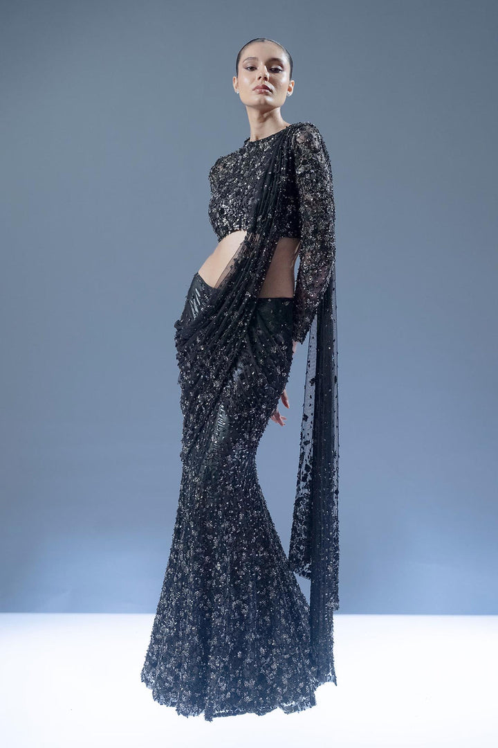 Midnight Ember Drape Saree - Black