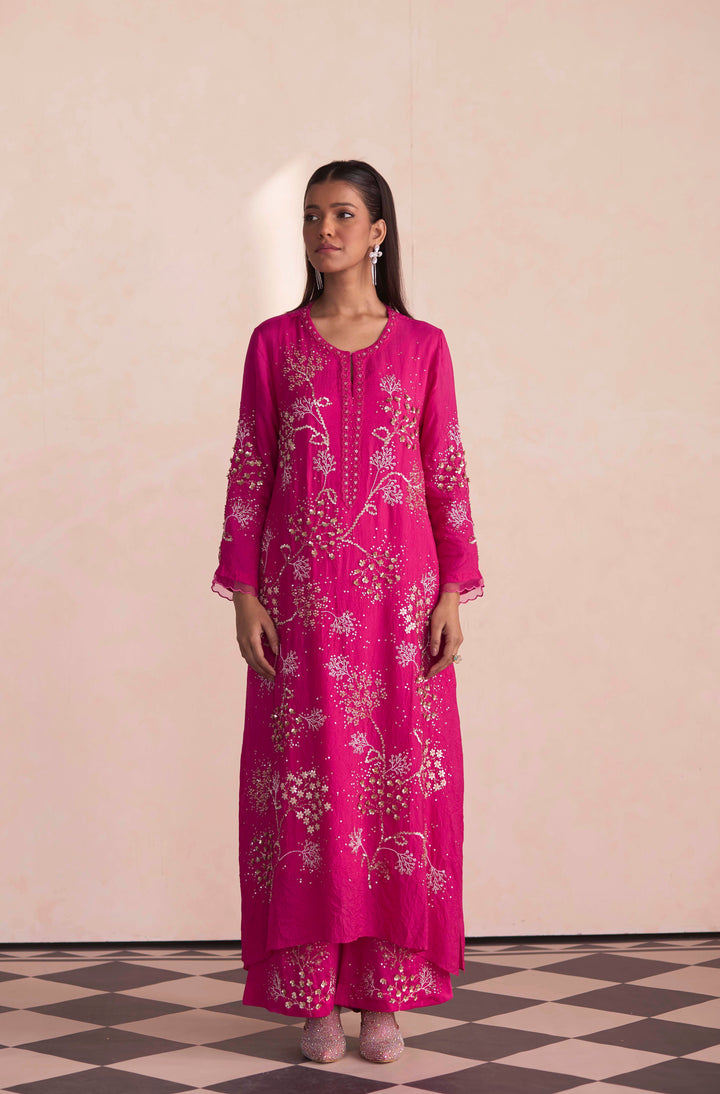 Hot Pink Embroidered Silk Kurta Set