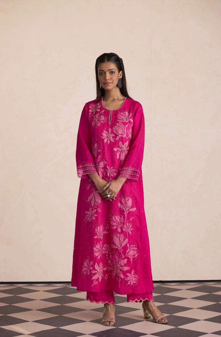 Silk Embroidered Kurta Set In Hot Pink
