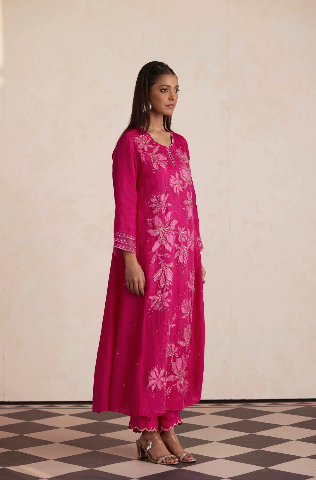 Silk Embroidered Kurta Set In Hot Pink