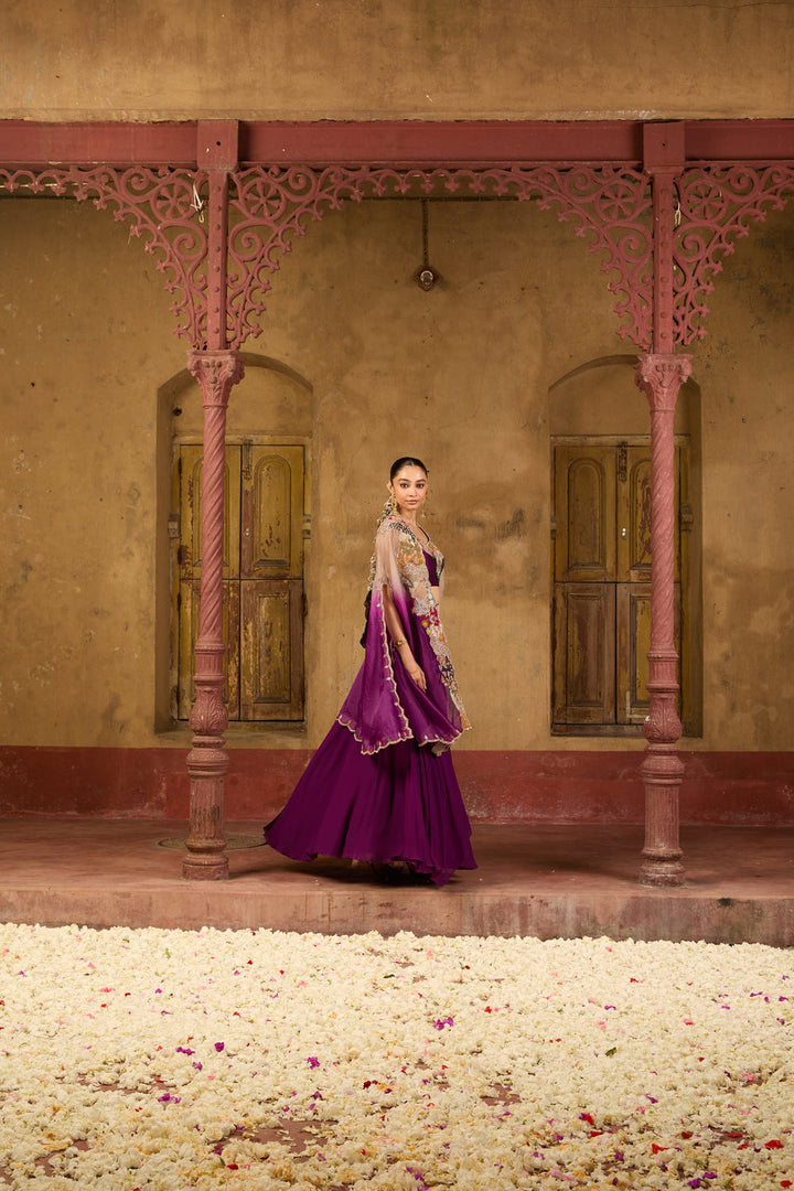 Ruhani Draped Lehenga Set in Plum