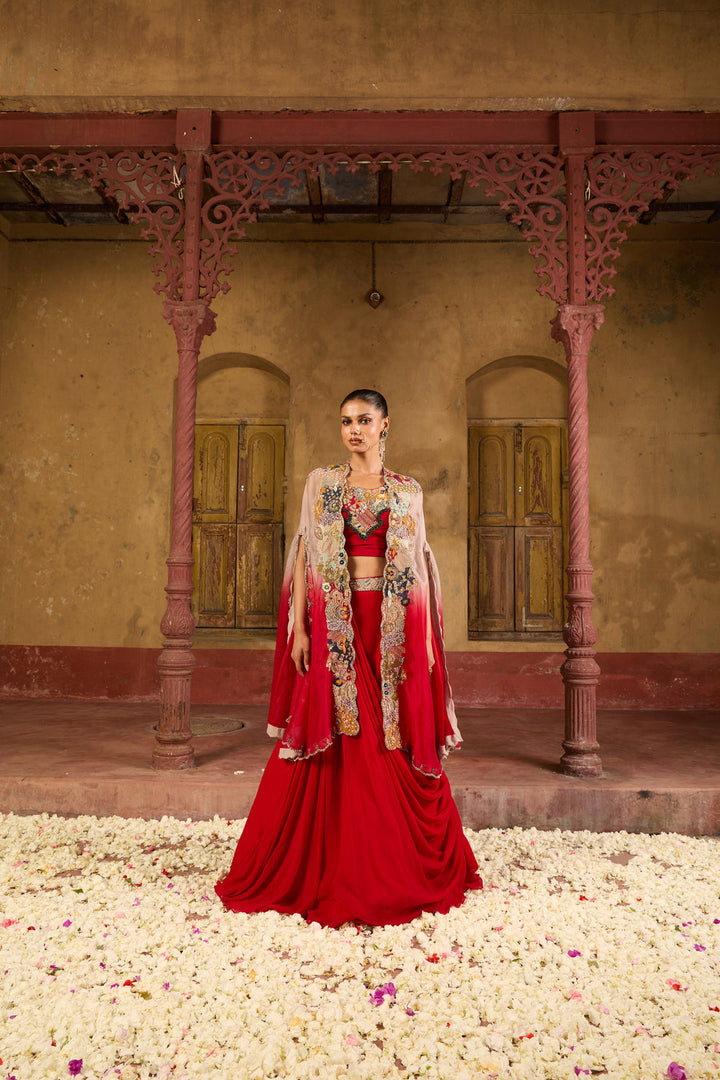 Ruhani Draped Lehenga Set in Ruby