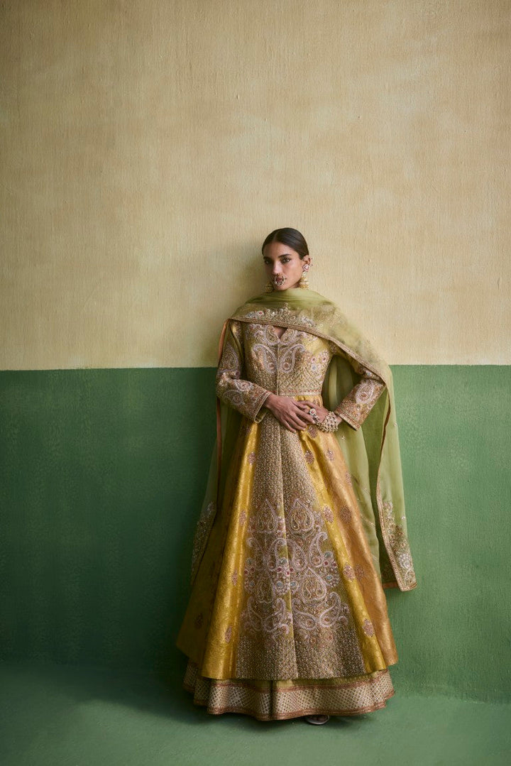 Brocade Double Layered Kalidar With Organza Dupatta