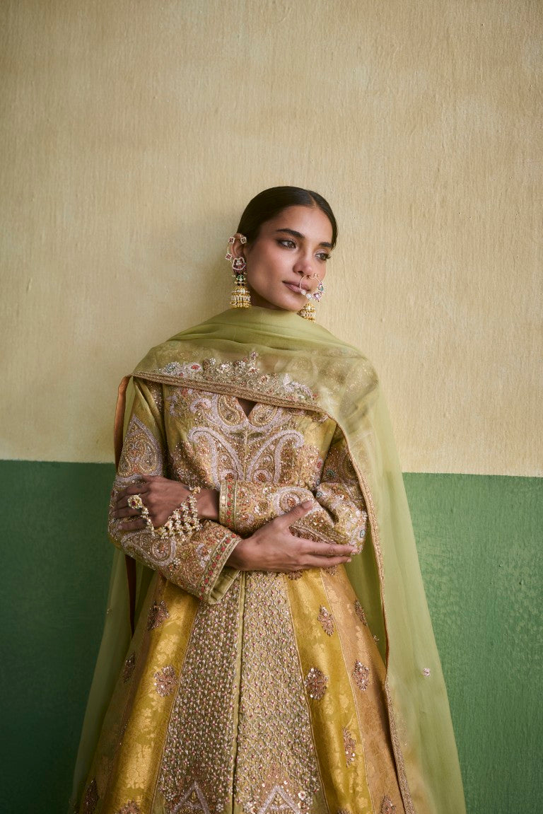 Brocade Double Layered Kalidar With Organza Dupatta