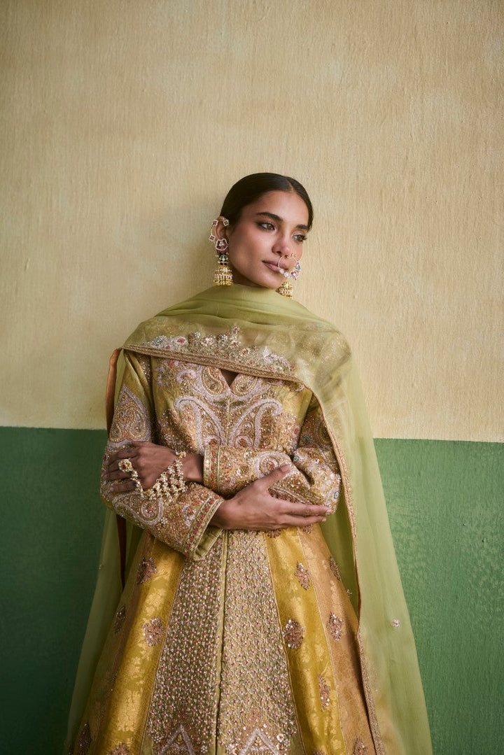 Brocade Double Layered Kalidar With Organza Dupatta