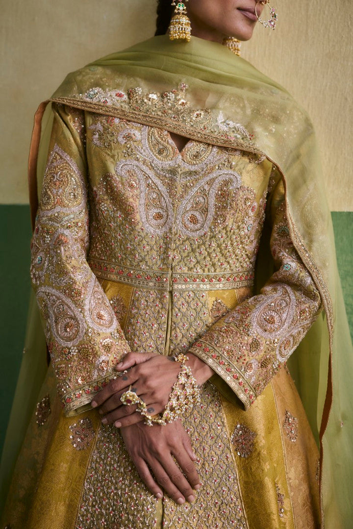 Brocade Double Layered Kalidar With Organza Dupatta