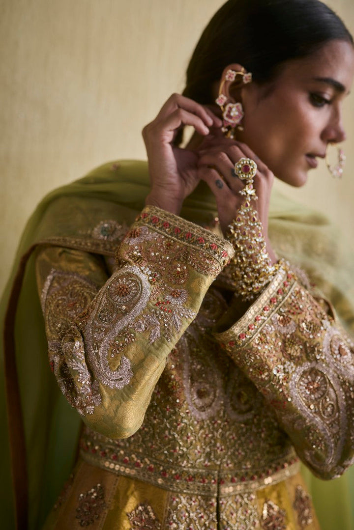 Brocade Double Layered Kalidar With Organza Dupatta