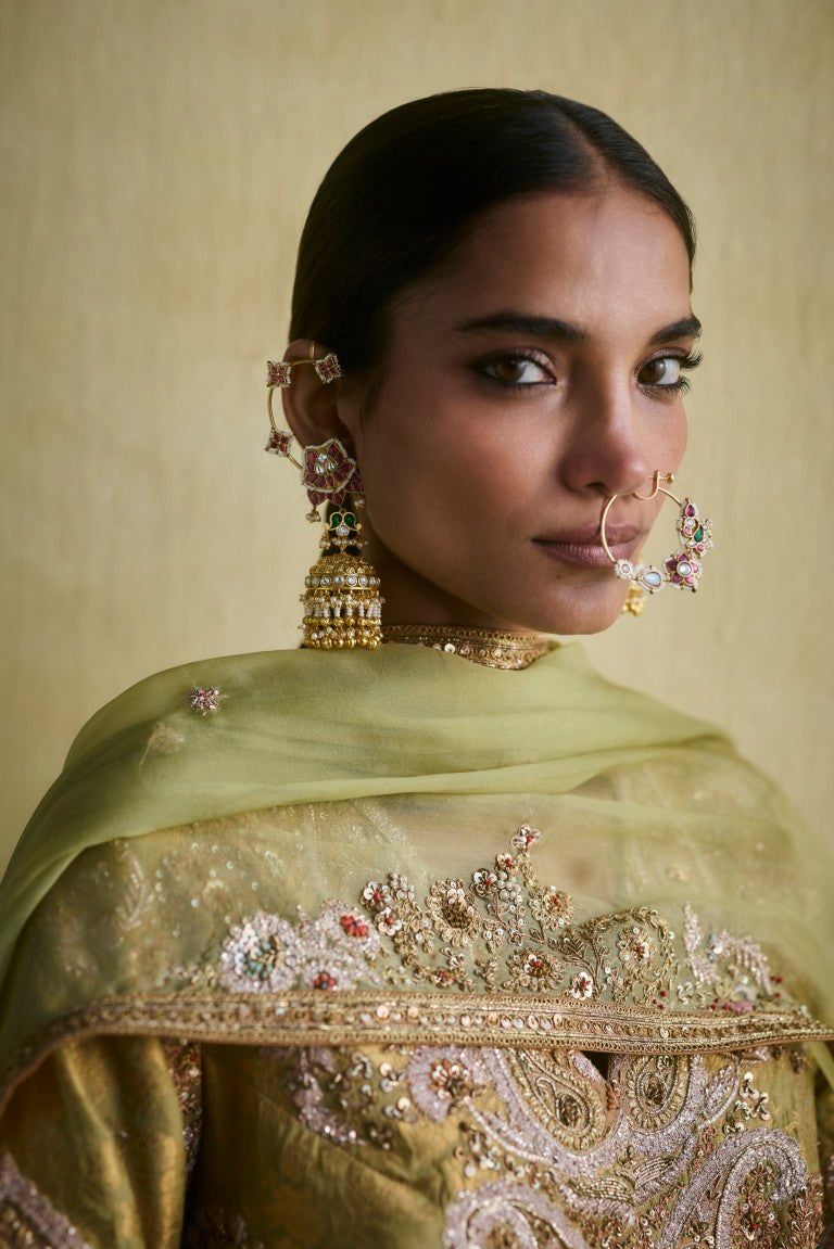 Brocade Double Layered Kalidar With Organza Dupatta
