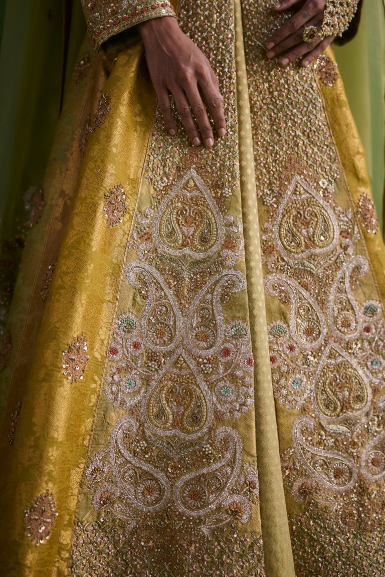 Brocade Double Layered Kalidar With Organza Dupatta